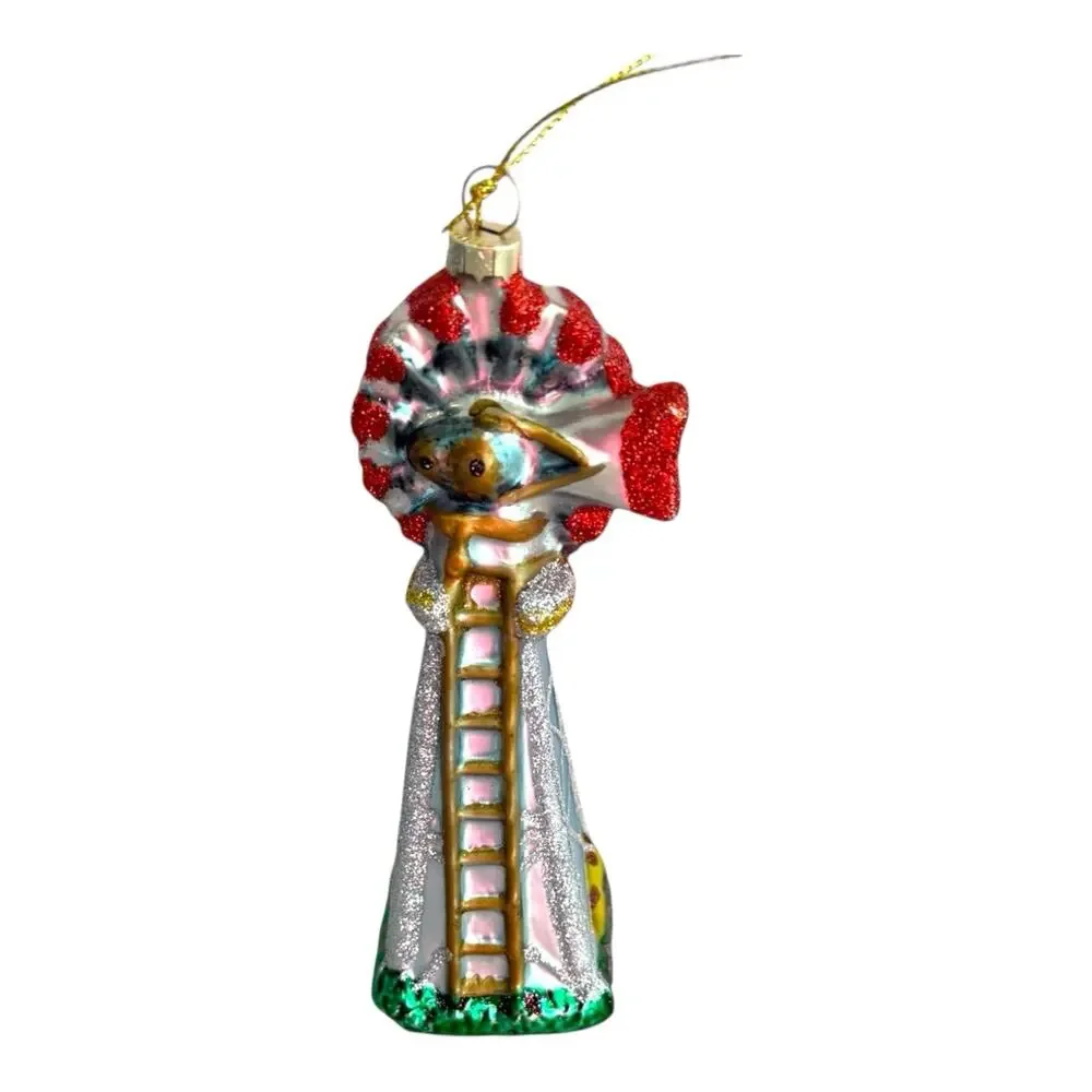 Farm Windmill Rustic Midwest‎ Glass Christmas Ornament Red Green White EUC